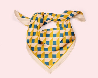 Yellow silk necerchief with geometric pattern, a square ponytail scarf or silk bandana with modern geometric pattern. Comes in 3 sizes