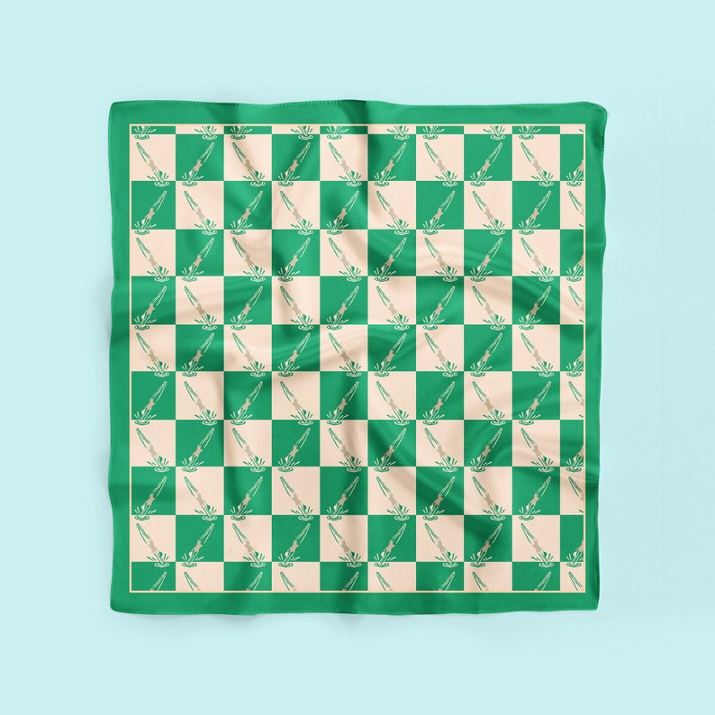 May include: A green and beige checkered bandana with a repeating pattern of a stylised wave design.