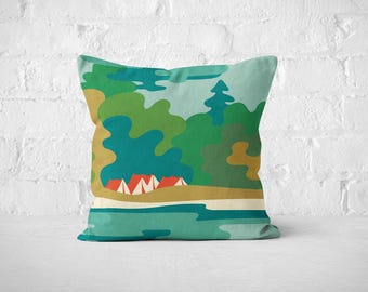 Retro camping scene throw pillow cover