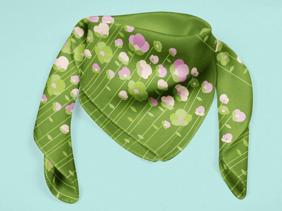 Floral Silk Neckerchief, 70s Retro Scarf, Lavender Green Bandana