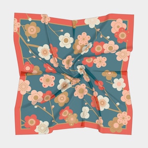 Japanese floral silk scarf, plum blossom neckerchief, teal and red flower scarf in 100% silk, cherry blossom Japanese floral bandana image 9