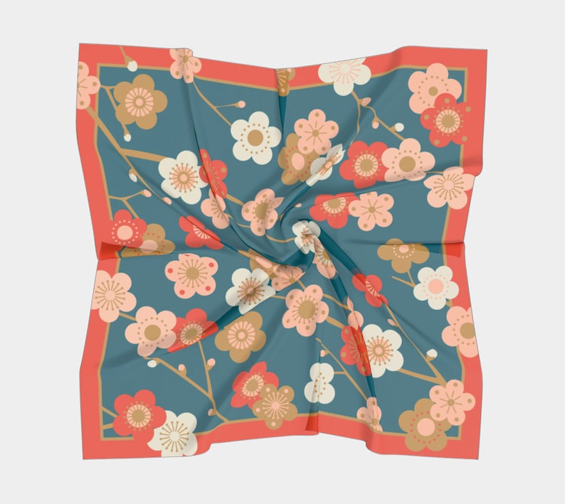 Japanese floral silk scarf, plum blossom neckerchief, teal and red flower scarf in 100% silk, cherry blossom Japanese floral bandana image 9