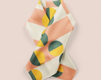 Art Deco 100% silk scarf, geometric print. Silk neckerchief, square neck or ponytail scarf, retro art nouveau style anniversary gift for her