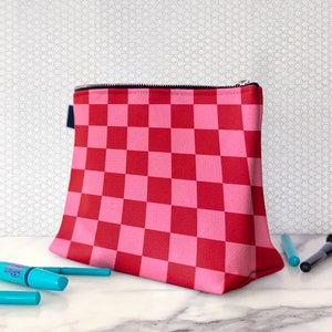 Checker bag, pink and red makeup bag, Checkerboard cosmetics pouch, gift for her
