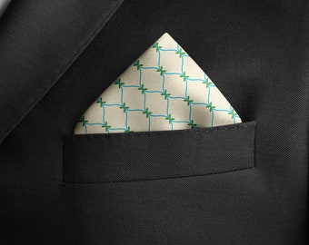 Men's Silk Pocket Square, Blue & Green Ribbon Lattice