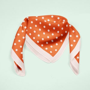 Orange polka dot silk scarf, colorful square neckerchief, orange ponytail scarf with polka dots, silk bandana, colorful scarf mom gift