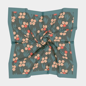 Silk pocket square in dark green and blue floral, silk bandana or ascot for men, teal square neck scarf, 16 inches image 4