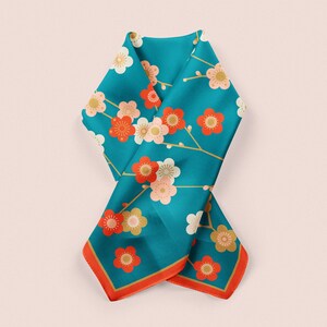 Blue Silk Scarf, Japanese Floral Bandana, Teal Red Neckerchief image 2