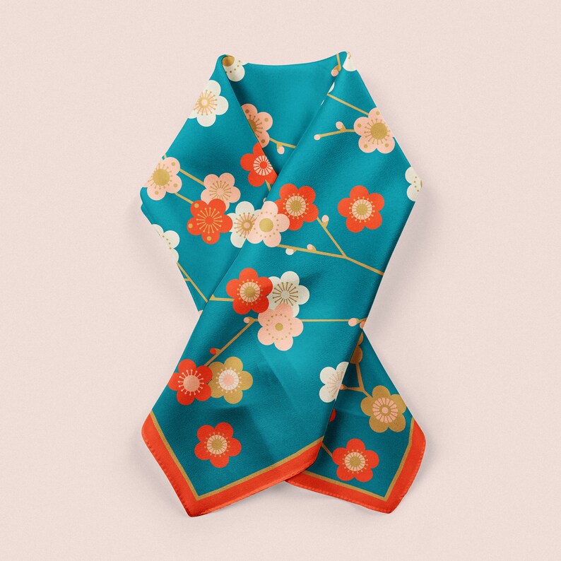 Blue Silk Scarf, Japanese Floral Bandana, Teal Red Neckerchief image 2