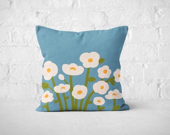 Blue Scandinavian Floral Throw Pillow Cover, Scandi Decor