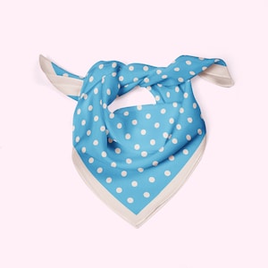 Sky blue polka dot silk necerchief scarf, a silk scarf or square ponytail scarf with classic blue and white dots