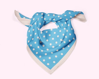 Sky blue polka dot silk necerchief scarf, a silk scarf or square ponytail scarf with classic blue and white dots