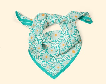 Floral silk scarf, 100% silk neckerchief, scandi style nordic print in turquoise
