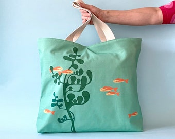 Fish Print Oversized Canvas Tote Bag, Sea Life Beach Bag