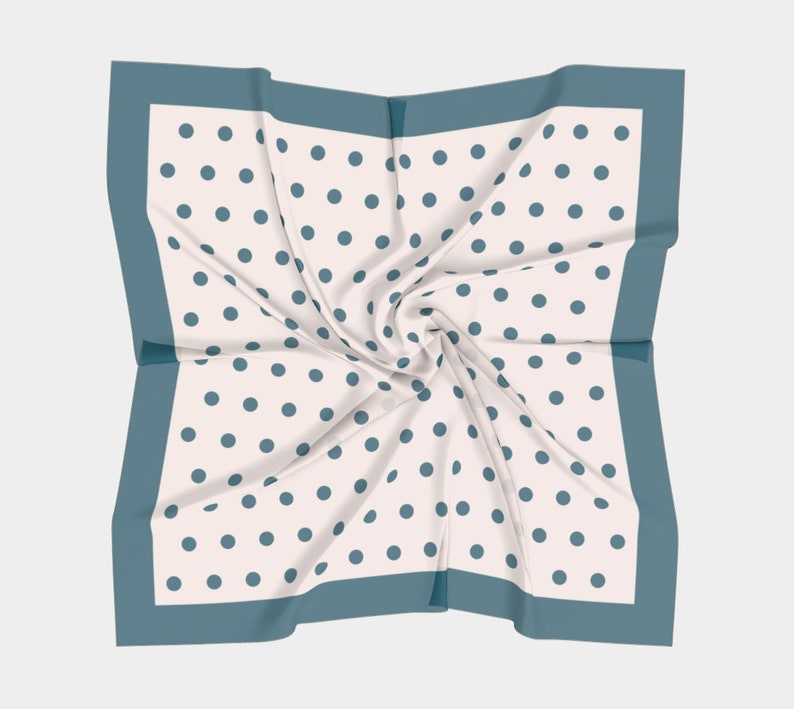 Blue polka dot silk scarf, a square neckerchief or ponytail scarf with classic teal and white polka dots image 7