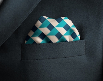Men's silk pocket square in a blue geometric handkerchief for dressing up and formal occasions