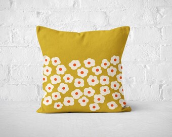 Floral Pillow Cover, Mustard Yellow Scandi Decor, 18x18