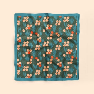 Floral silk scarf, 100% silk neckerchief, scandi style nordic print in dark green, blue and cream image 6