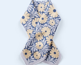 Floral Silk Scarf, Retro Nordic Blue Lavender Neckerchief