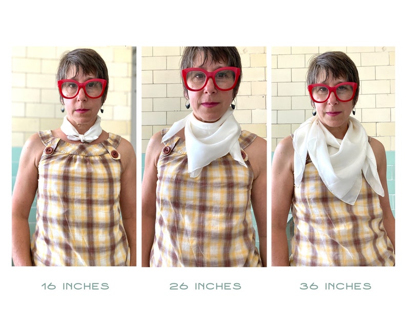 May include: Three images showing a person wearing a white square scarf tied in a knot at the neck. The scarf is shown in three different sizes: 16 inches, 26 inches, and 36 inches. The person is wearing a yellow and brown checked shirt and red glasses.