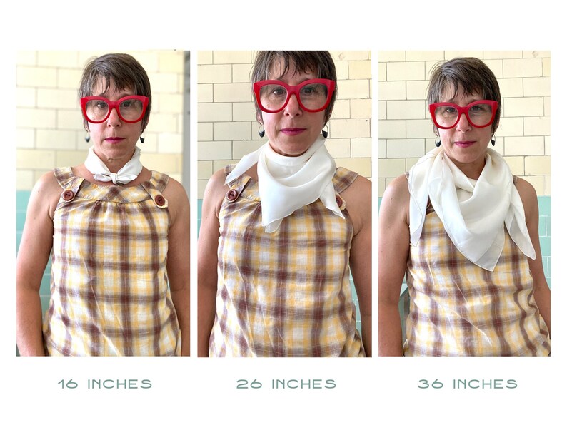 May include: Three images of a person wearing a white square scarf tied in a knot at the neck. The scarf is shown in three different lengths: 16 inches, 26 inches, and 36 inches.