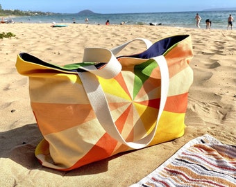 Retro Sunburst Print Canvas Tote Bag, Oversized Beach Bag