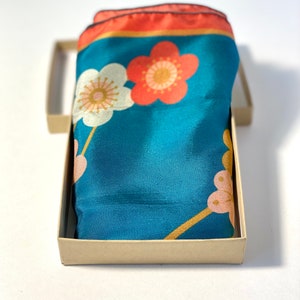 Blue Silk Scarf, Japanese Floral Bandana, Teal Red Neckerchief image 3