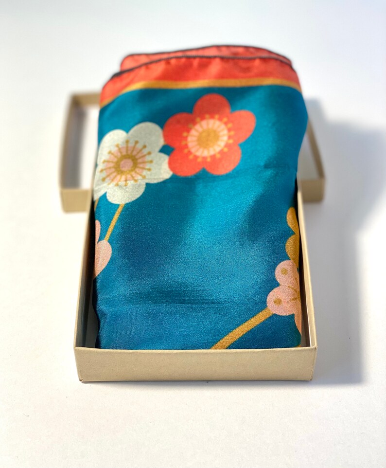 Blue Silk Scarf, Japanese Floral Bandana, Teal Red Neckerchief image 3