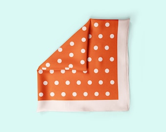 Silk pocket square, orange polka dot neckerchief or silk bandana, square neck scarf for men