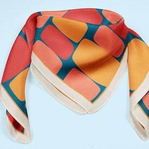 Mid century neckerchief, 100% silk scarf with abstract design, retro style anniversary gift image 1
