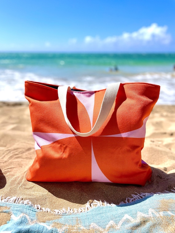 Color Block Beach Bag, Retro Pink and Orange Shoulder Bag, Large
