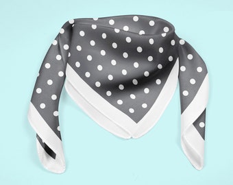 Gray polka dot scarf, a silk neckerchief or ponytail scarf with classic gray and white polka dots, 100% silk bandana, silk scarf for mom