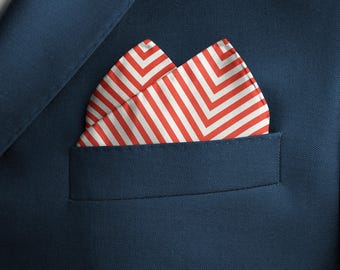 Red Silk Pocket Square, Striped Neckerchief with Dots, Groomsmen Gift