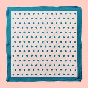 Blue polka dot silk scarf, a square neckerchief or ponytail scarf with classic teal and white polka dots image 2