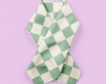 Green checker scarf, square silk bandana, checkered neckerchief, gift for her