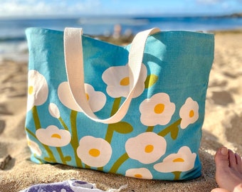 Blue floral beach bag, Scandi style lined canvas bag, colorful oversized, tote for travel