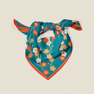 Blue Silk Scarf, Japanese Floral Bandana, Teal Red Neckerchief image 1