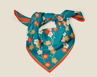 Blue Silk Scarf, Japanese Floral Bandana, Teal Red Neckerchief