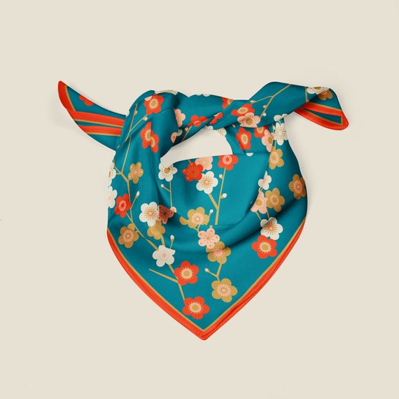 Blue Silk Scarf, Japanese Floral Bandana, Teal Red Neckerchief