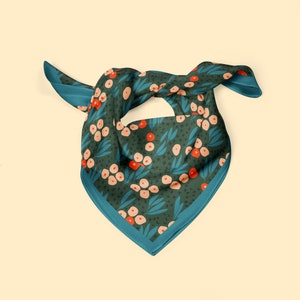 Floral silk scarf, 100% silk neckerchief, scandi style nordic print in dark green, blue and cream