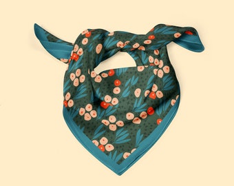 Floral silk scarf, 100% silk neckerchief, scandi style nordic print in dark green, blue and cream