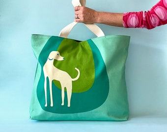 Dog lover tote bag, golden doodle bag, retro oversized tote bag, great for beach bags, vacation tote, large white dog