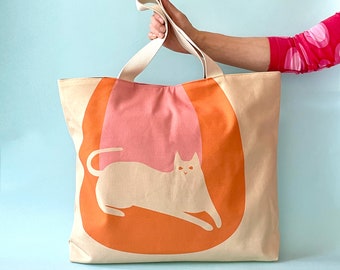Cat Tote Bag, pink and orange 60s style oversized canvas bag, big retro cat beach bag