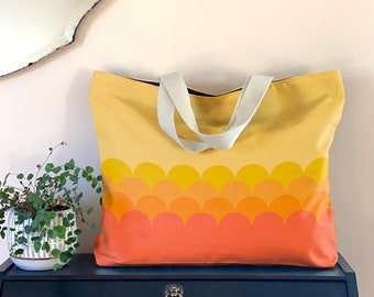 Oversized retro canvas bag, orange and yellow mod print- lined beach bag, gift for her