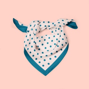 Blue polka dot silk scarf, a square neckerchief or ponytail scarf with classic teal and white polka dots