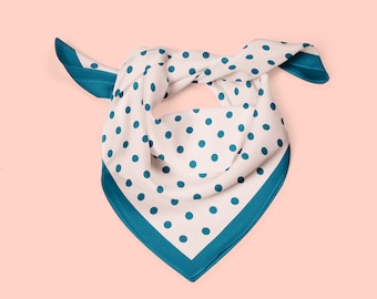 Blue polka dot silk scarf, a square neckerchief or ponytail scarf with classic teal and white polka dots