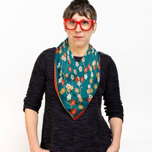 Blue Silk Scarf, Japanese Floral Bandana, Teal Red Neckerchief 36" x 36"