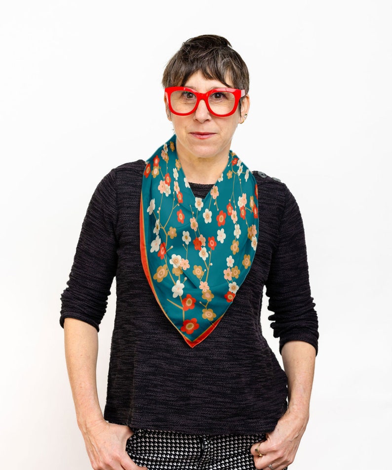 Blue Silk Scarf, Japanese Floral Bandana, Teal Red Neckerchief 36" x 36"
