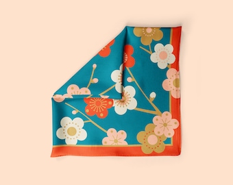 Japanese floral silk scarf, plum blossom neckerchief, teal and red flower scarf in 100% silk, cherry blossom Japanese floral bandana