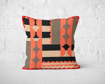 Geometric throw pillow cover in red cream and black
